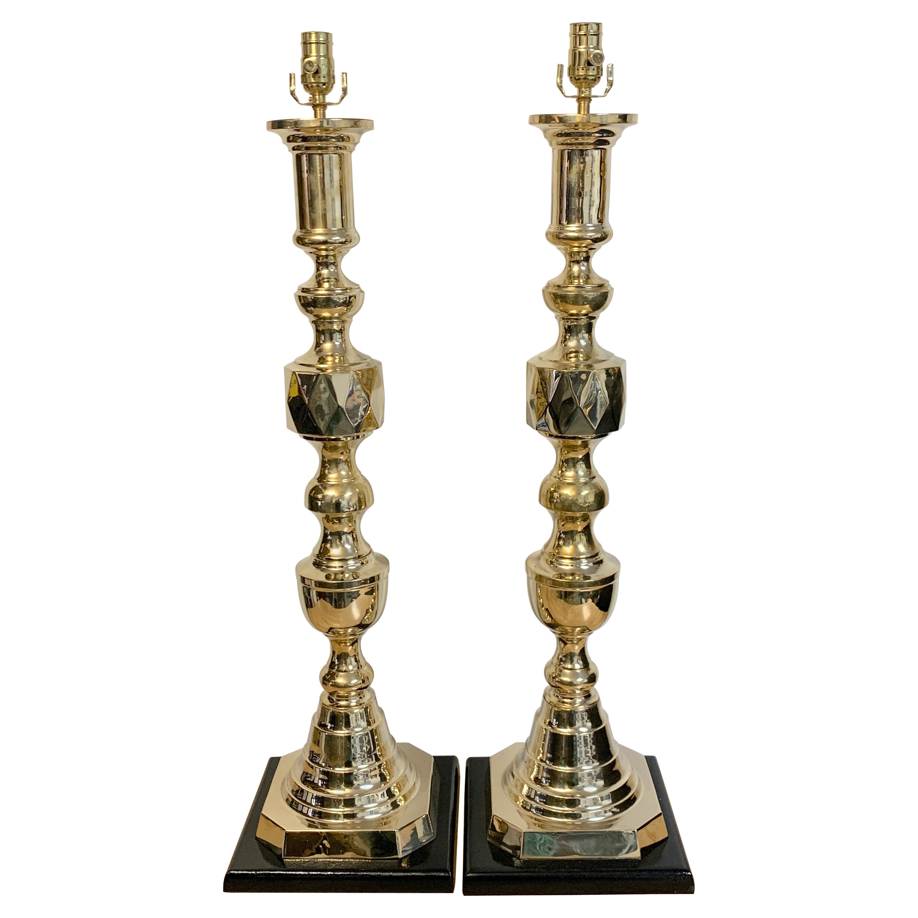 Pair of Monumental 'Ace of Diamonds' Brass Candlestick Lamps For Sale