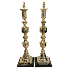 Pair of Monumental 'Ace of Diamonds' Brass Candlestick Lamps