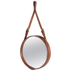 Jacques Adnet Small Circulaire Mirror with Brown Leather