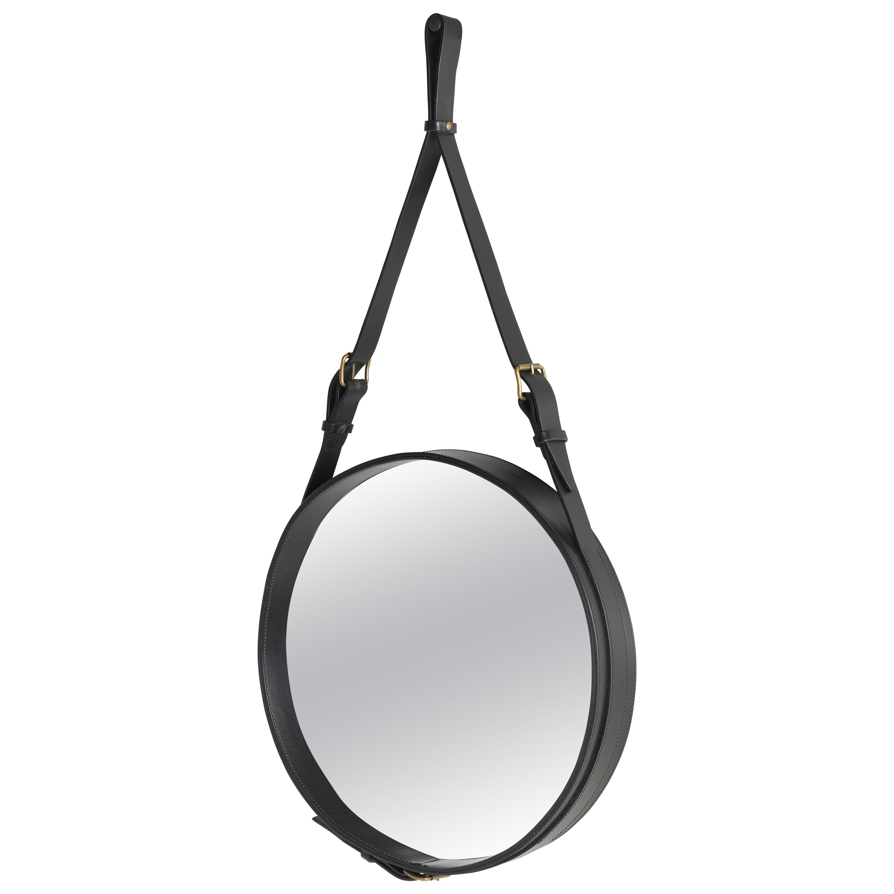 Jacques Adnet Small Circulaire Mirror with Black Leather
