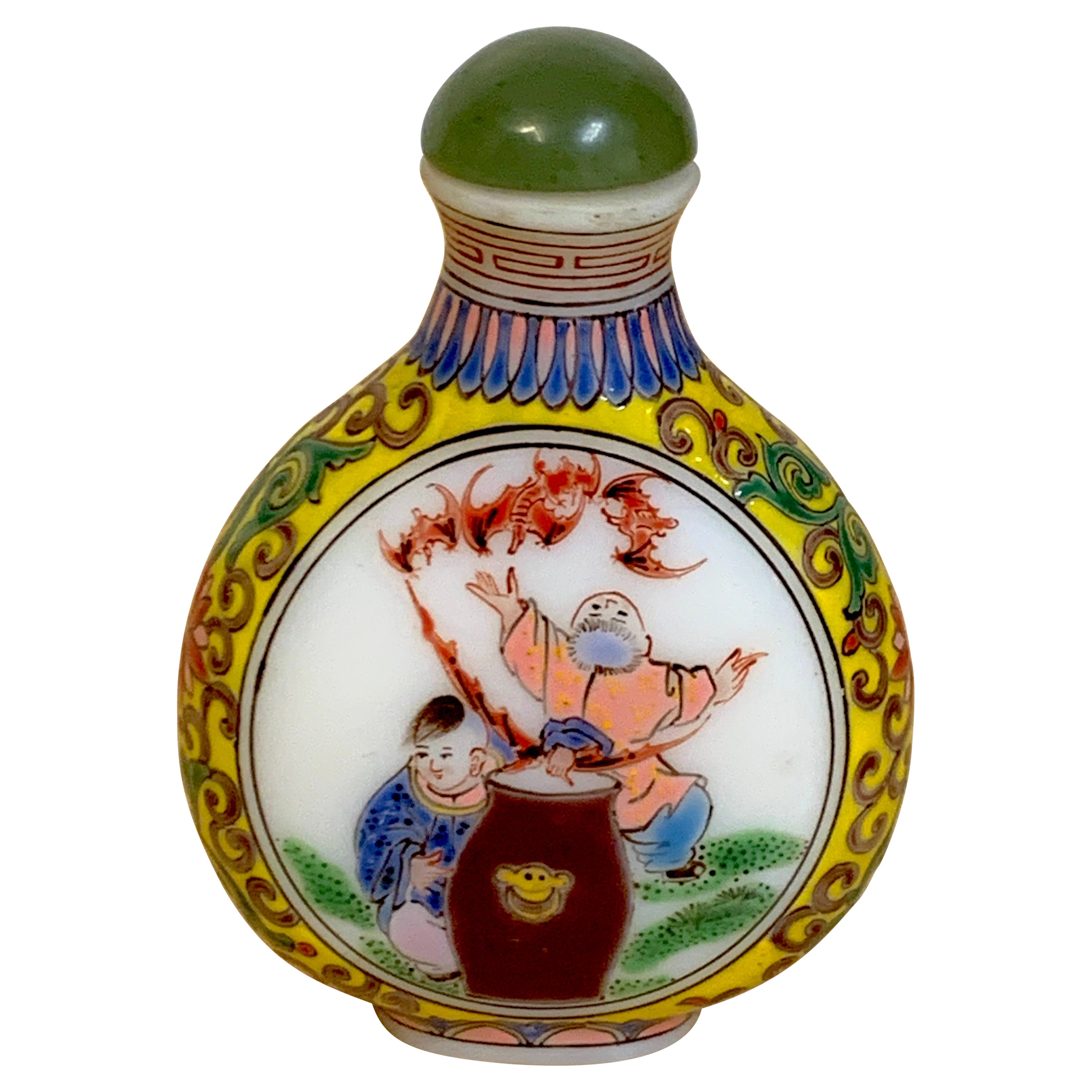 Chinese Export Jade & Peking Glass Enameled Snuff Bottle  