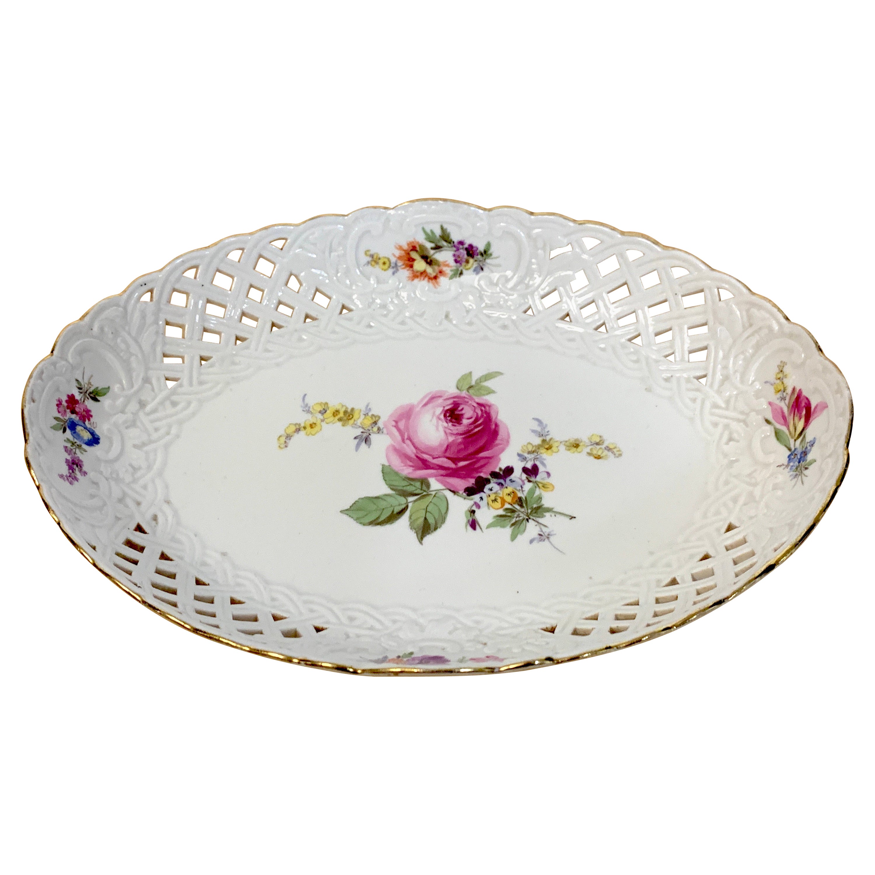 19th Century Meissen Floral Painted Reticulated Oval Basket For Sale