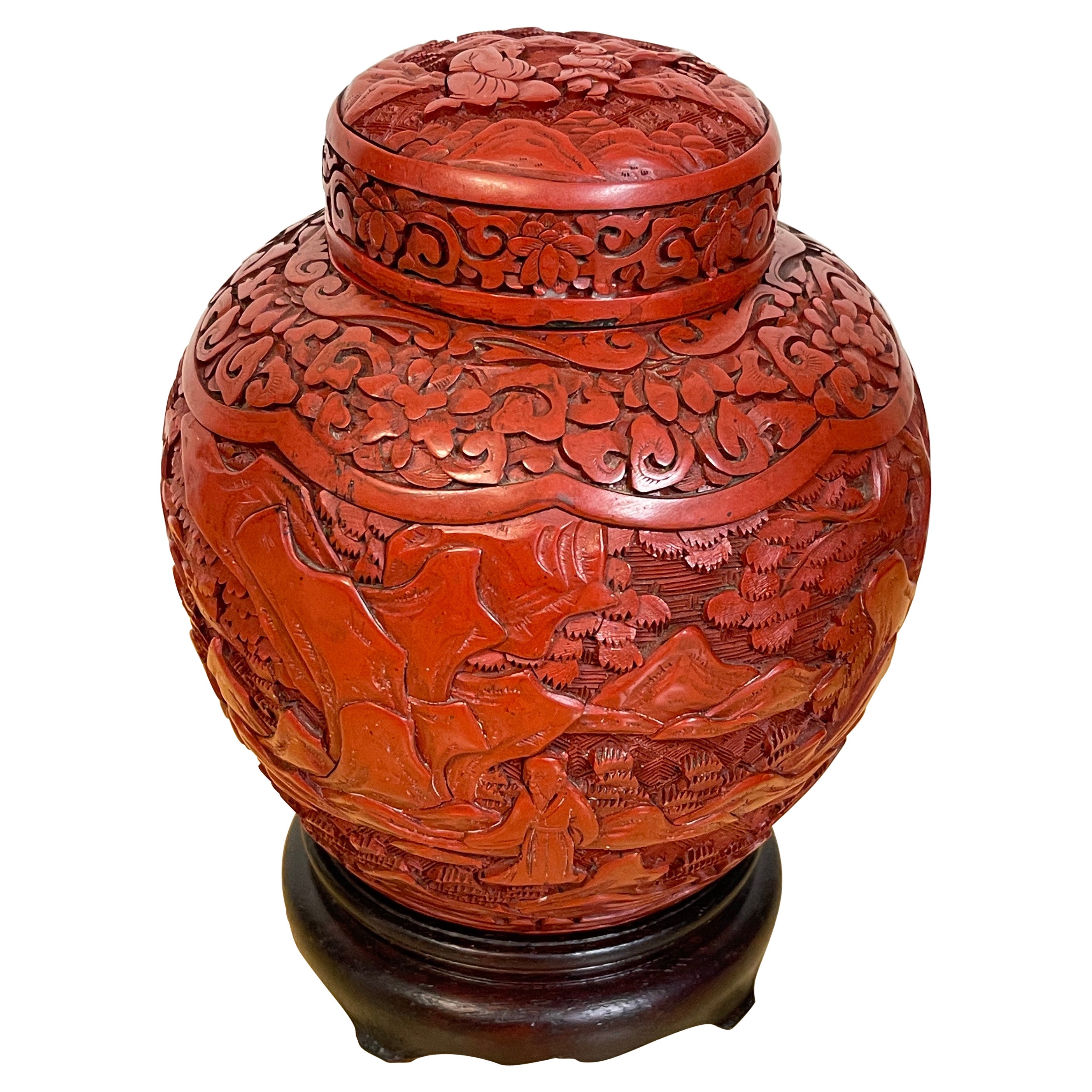 Post Qing Dynasty Cinnabar Ingwer Jar & Stand im Angebot