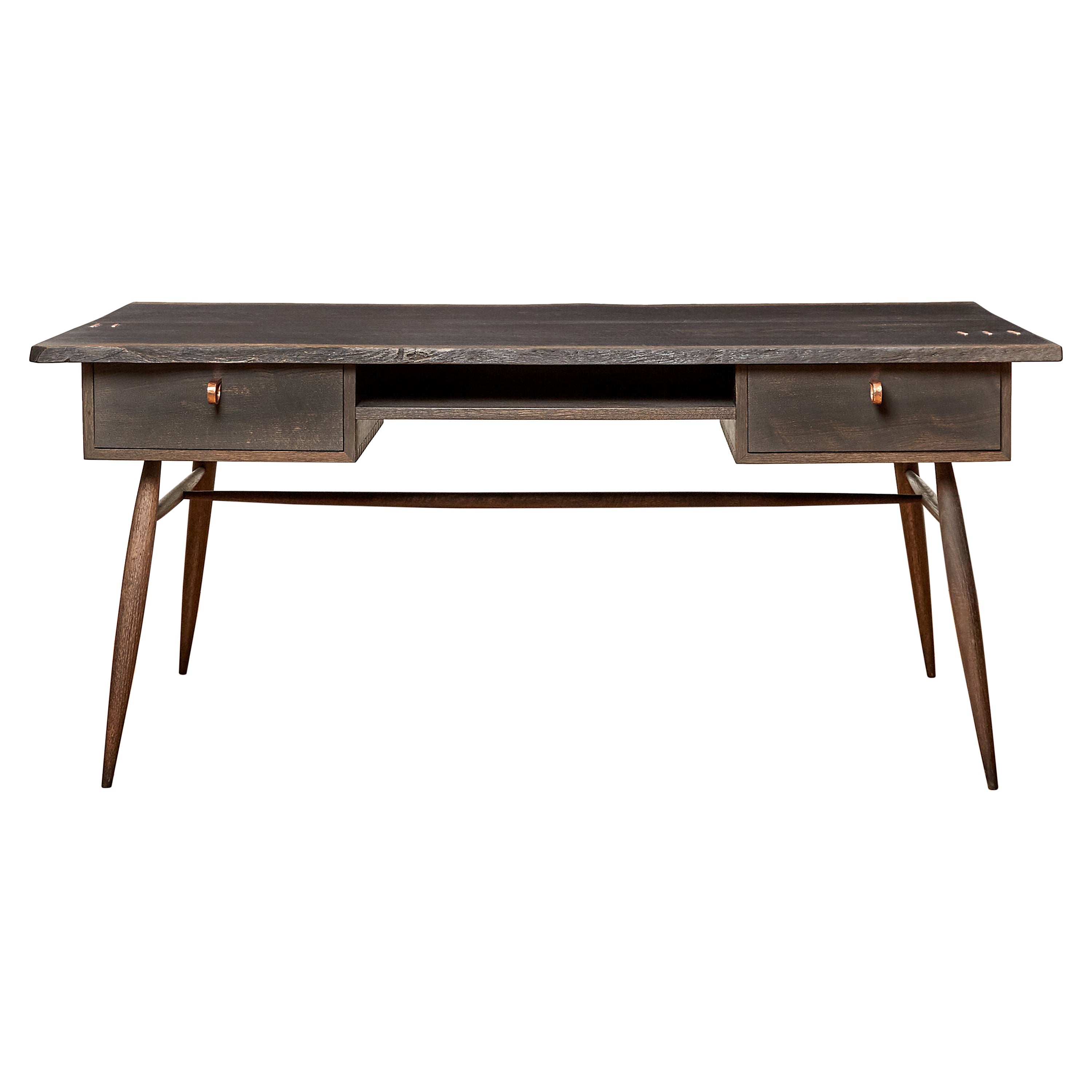Handcrafted Sculptural Blackened Oak Desk with Copper Staples For Sale