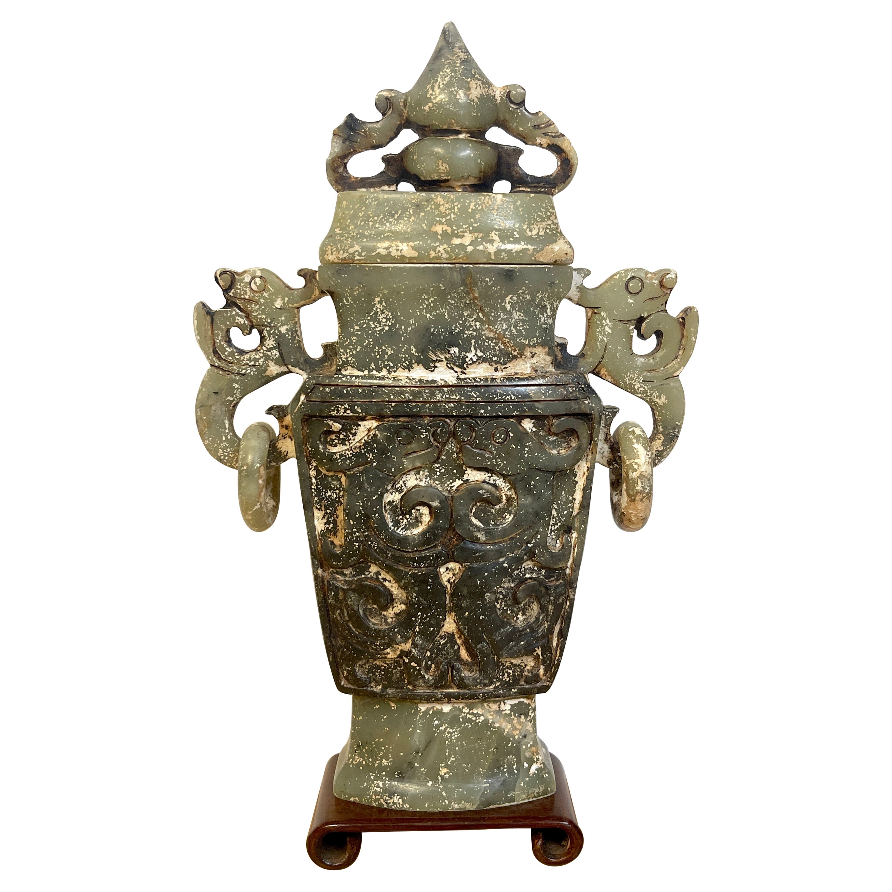 Chinese Export Archaic Style Carved Green & White Quartz Vase & Cover