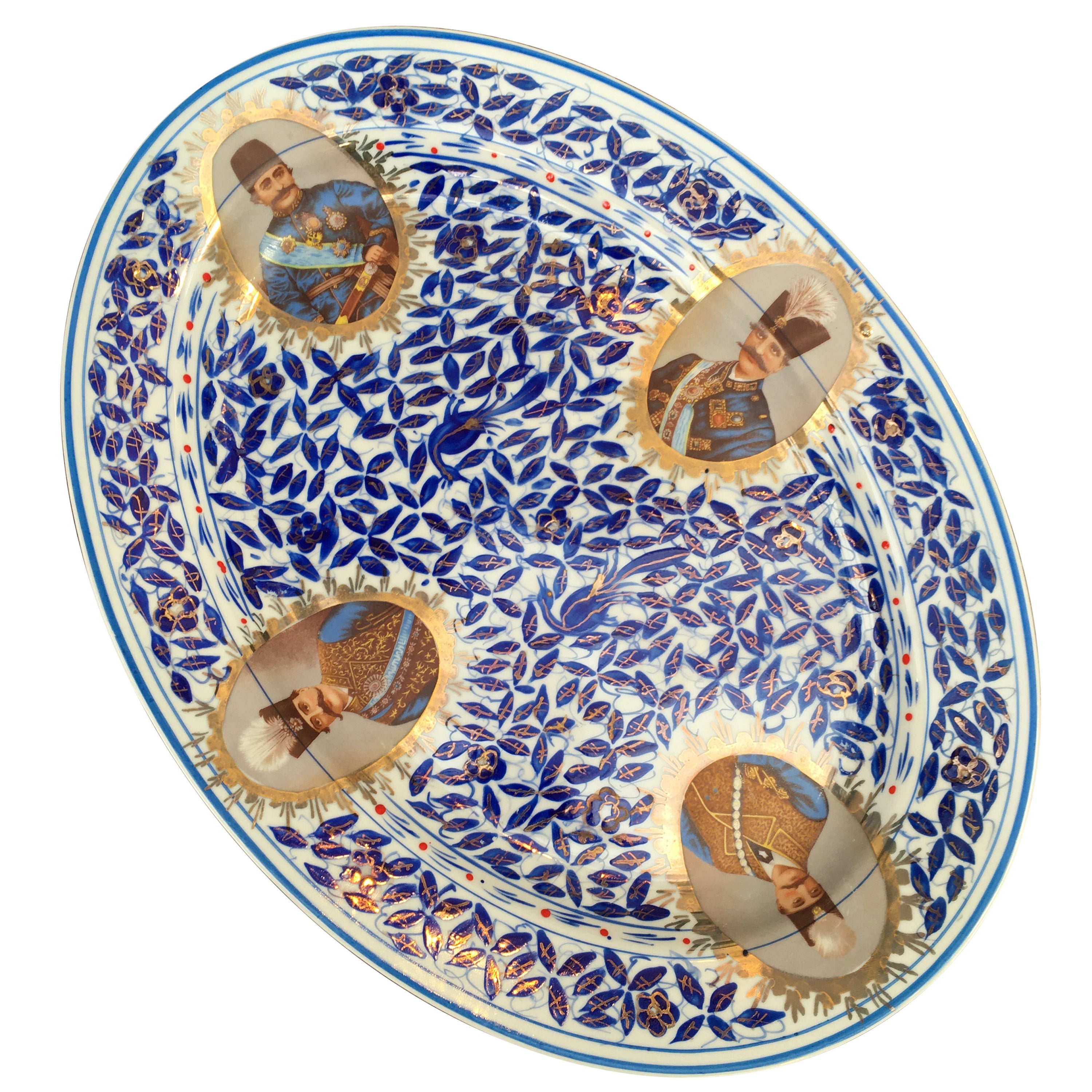 Persian Market Porcelain Platter Portrait Nasr al din Shah Qajar 20th C For Sale