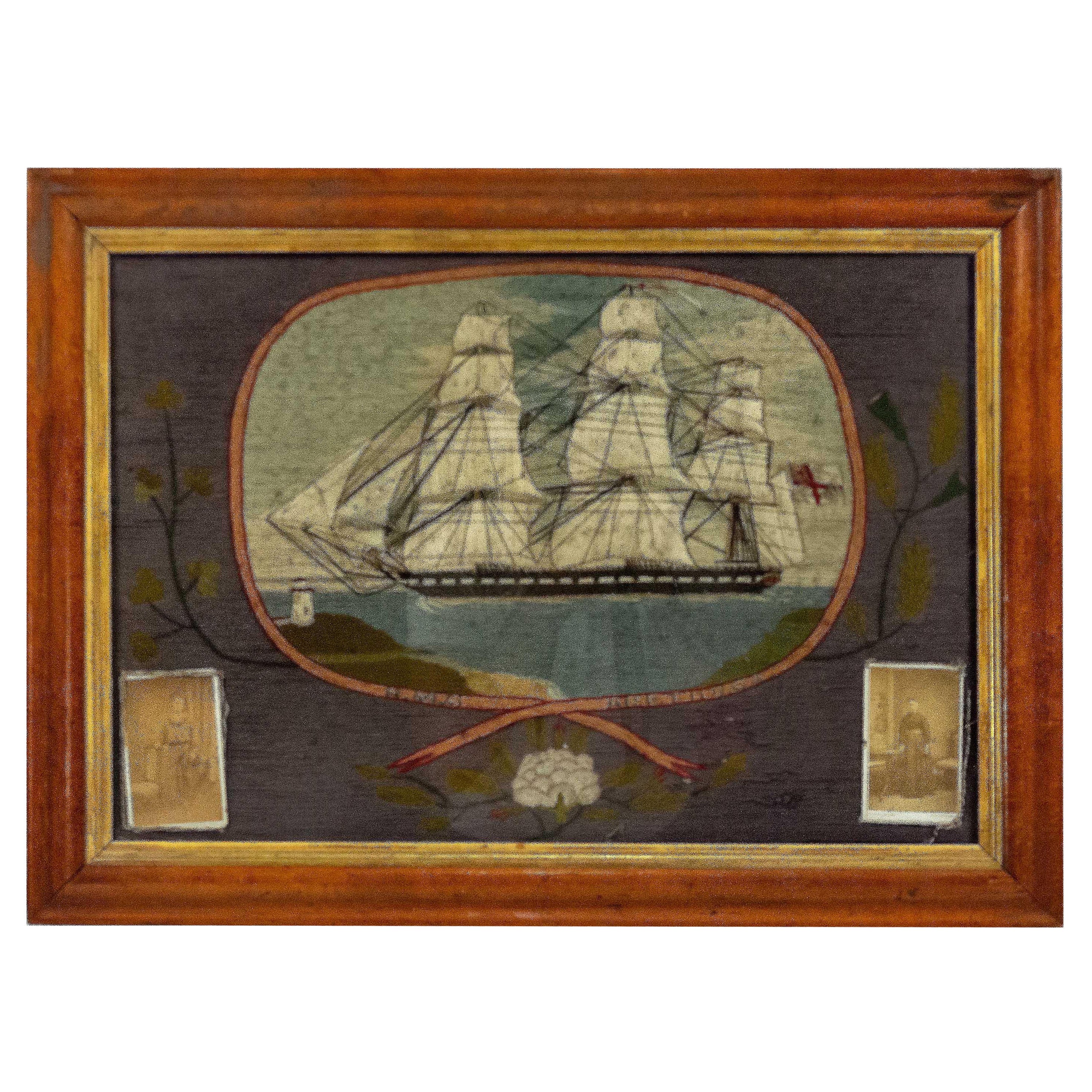 English Victorian Framed Memorial Naval Ship Embroidery