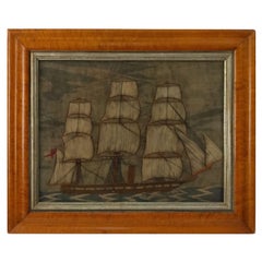 Antique English Victorian Framed Woolwork Nautical Ship Embroidery