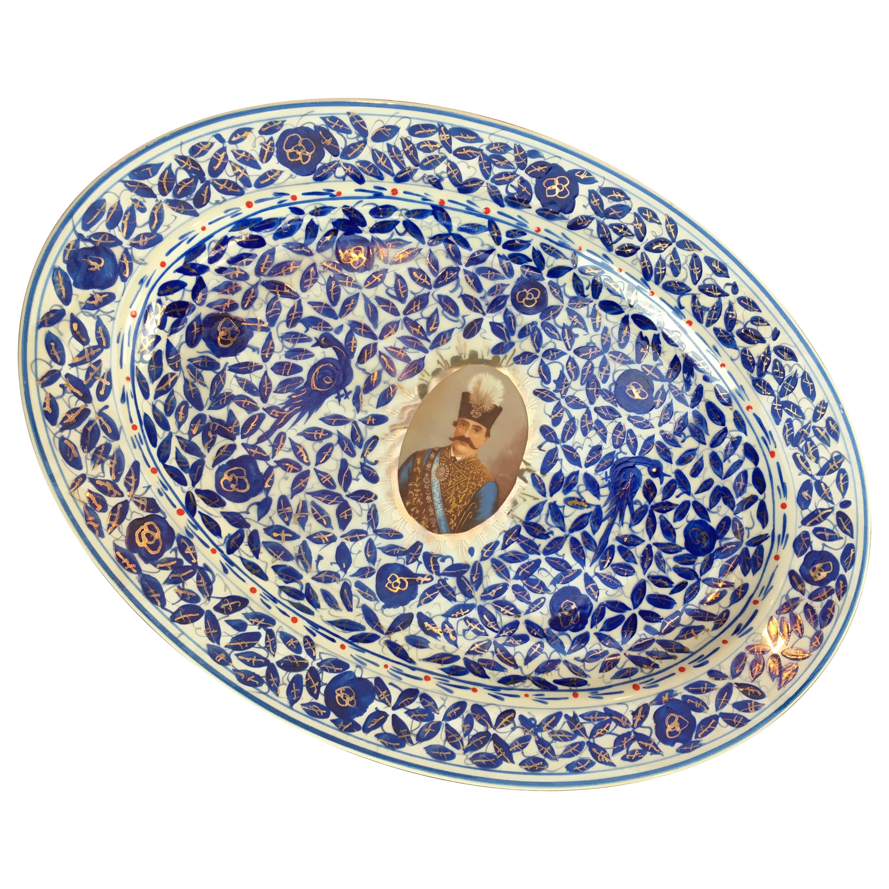 Persian Market Porcelain Platter Portrait Nasr Al Din Shah Qajar 20th C For Sale