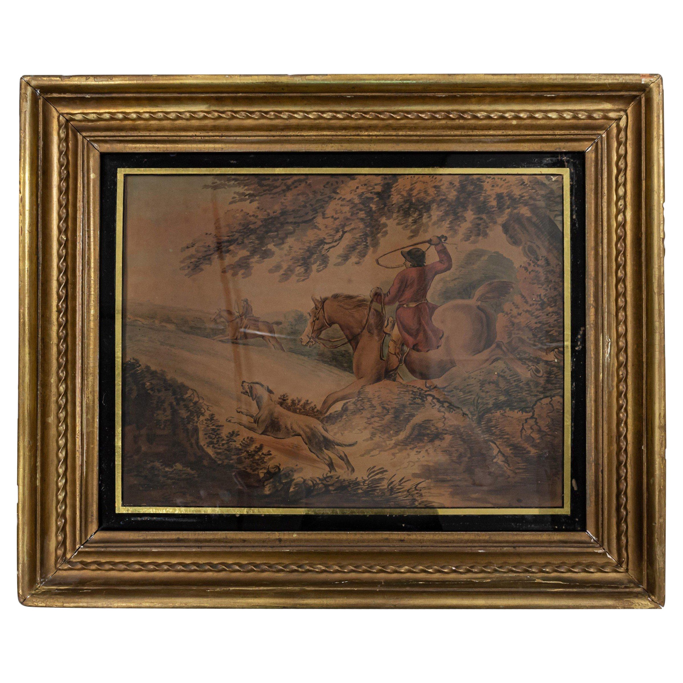 Peinture à l'aquarelle vintage représentant des chasseurs sur chevaux