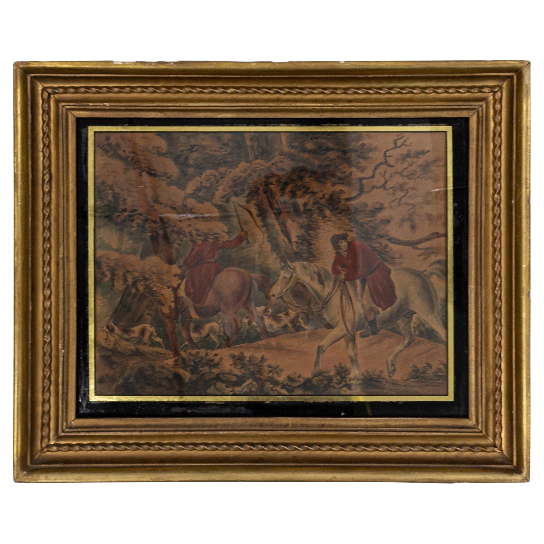 Vintage Watercolor Painting of Hunters on Horses For Sale