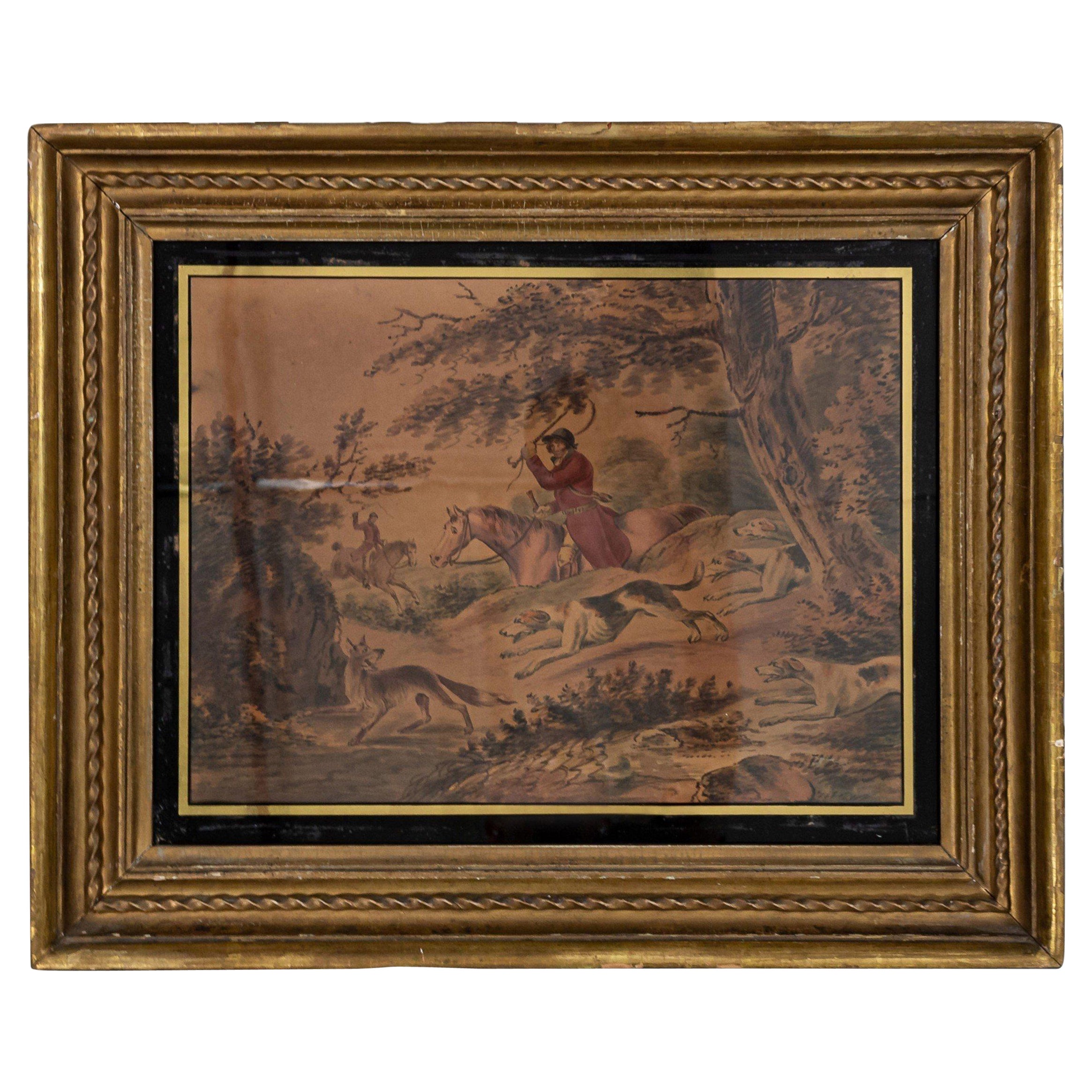 Peinture à l'aquarelle vintage représentant des chasseurs sur chevaux