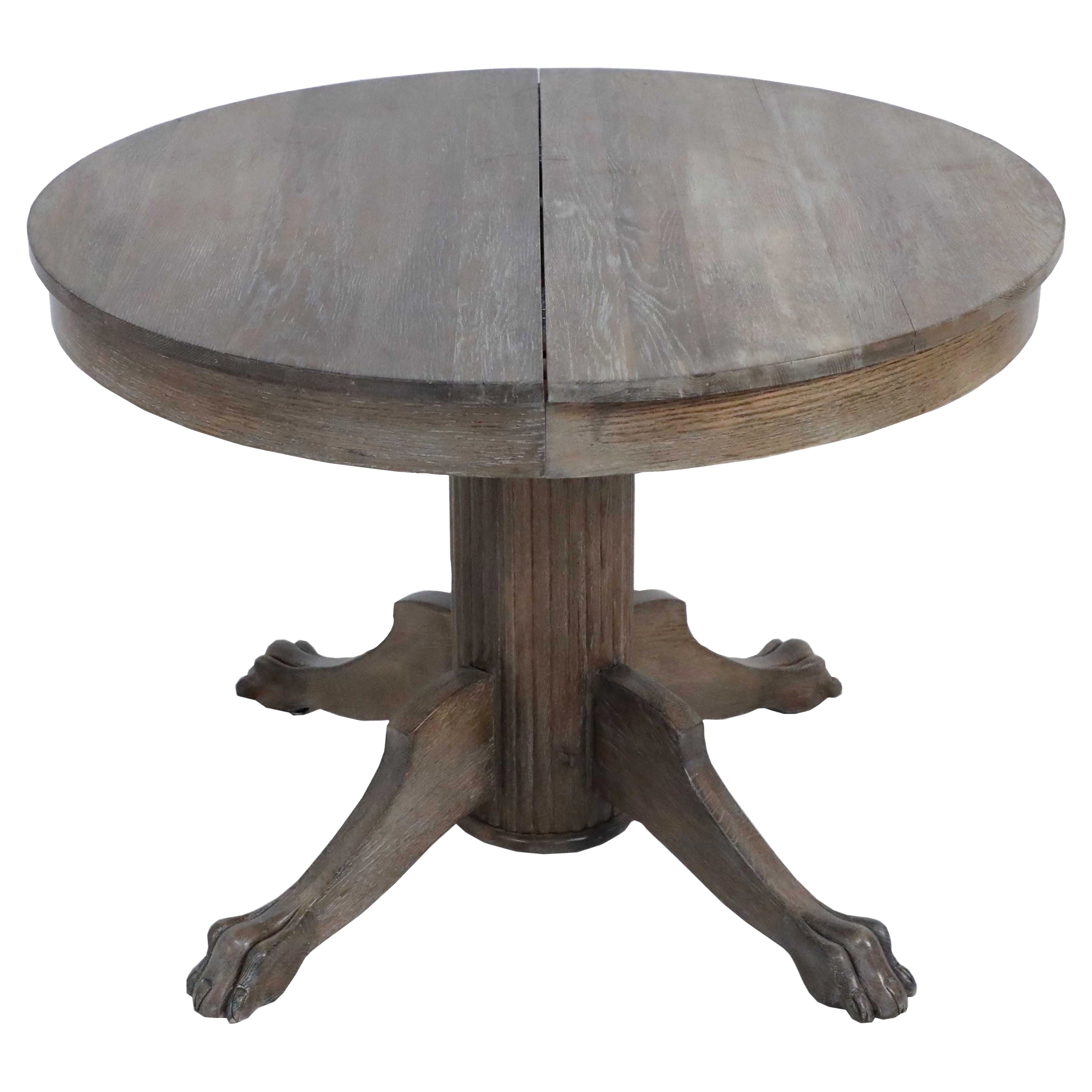 English Edwardian Cerused Oak Circular Claw Foot Center/Dining Table with Leaves