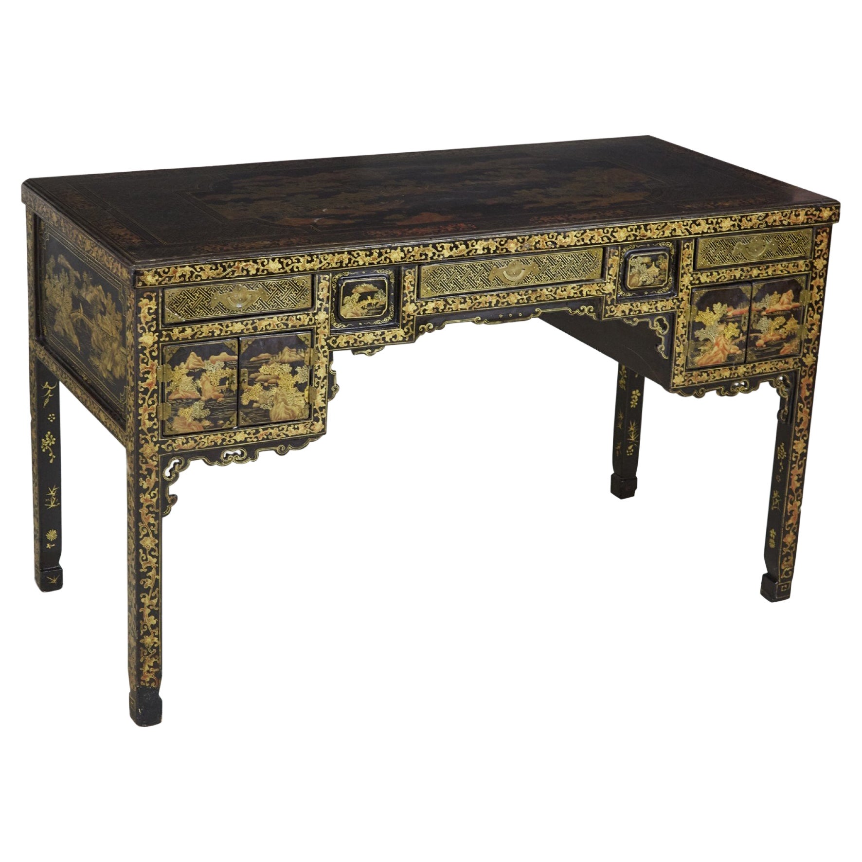 19th Century English Regency Chinese Export Gilt Black Lacquer Desk For Sale