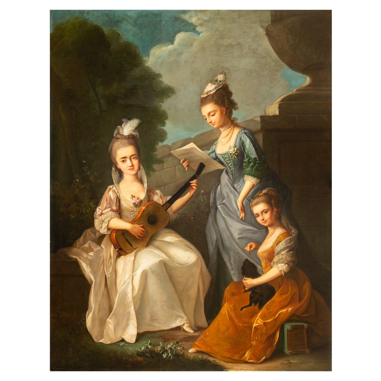 Italian Rococo Oil on Canvas Portrait Painting Young Ladies in Garden Landscape For Sale