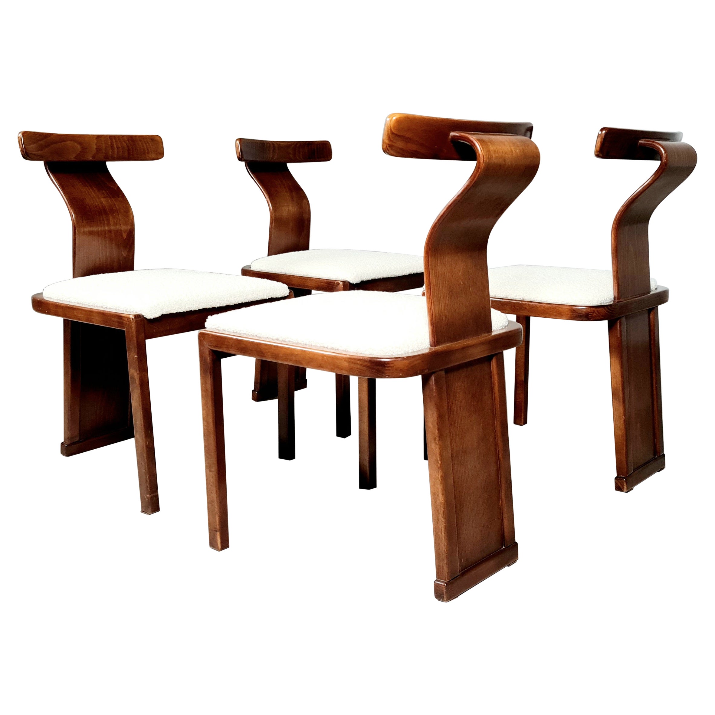 Set of 4 Walnut and Boucle Dining Chairs from Italy, 1960s