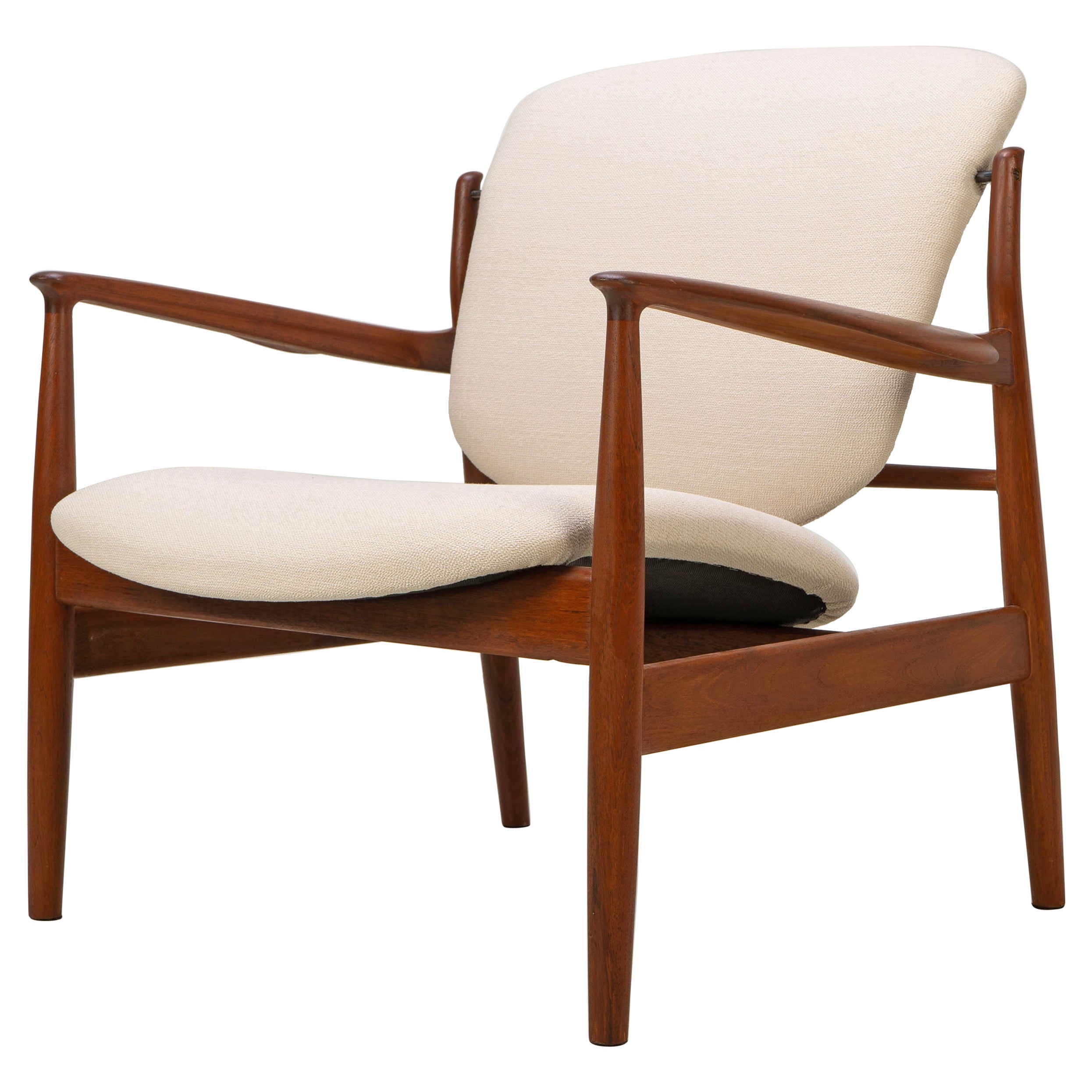 Danish Modern 1950 by Finn Juhl Lounge Chair Teak Wool Fabric Cream White For Sale