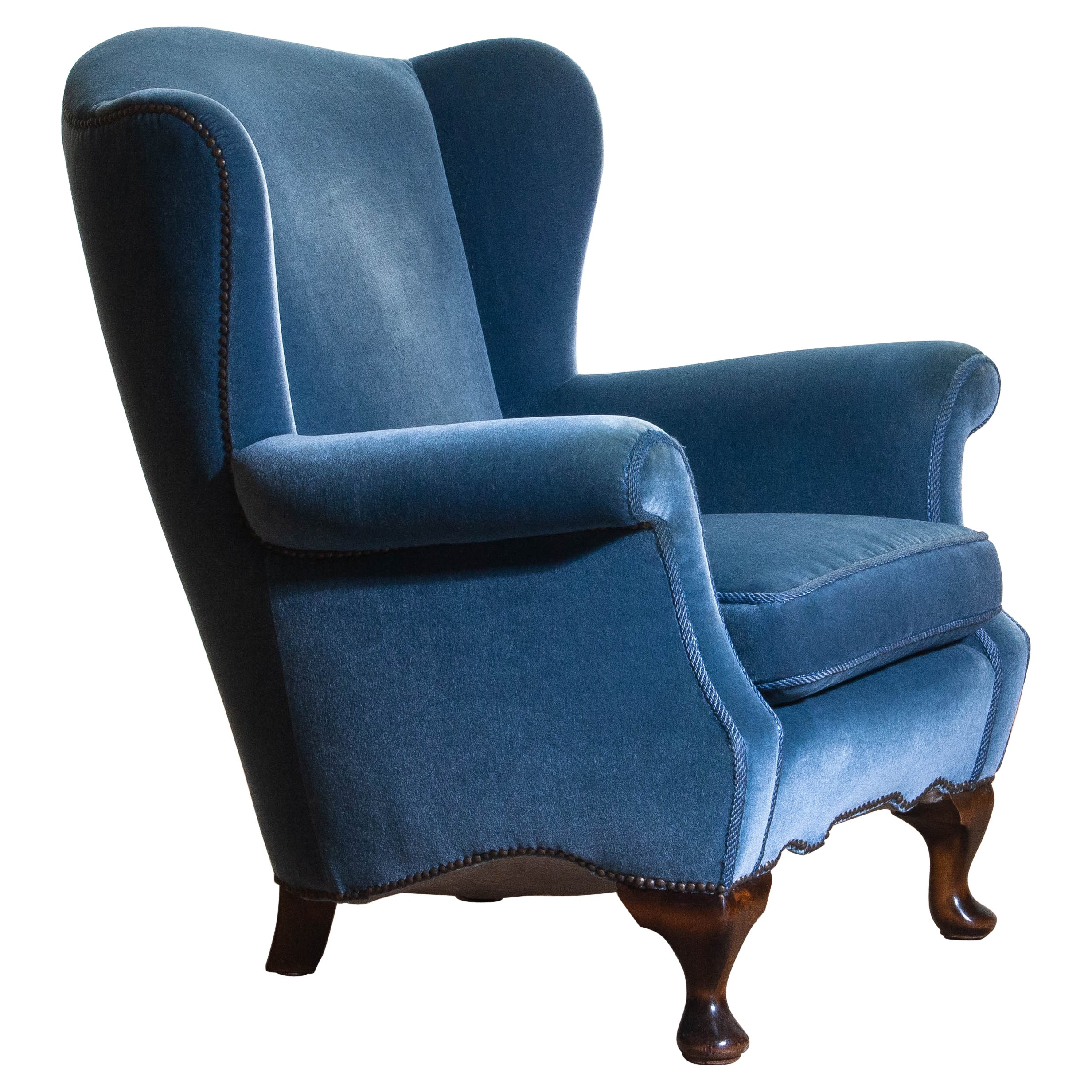 1920s, Hollywood Regency Blue Velvet Wingback Club Lounge Armchair, Sweden