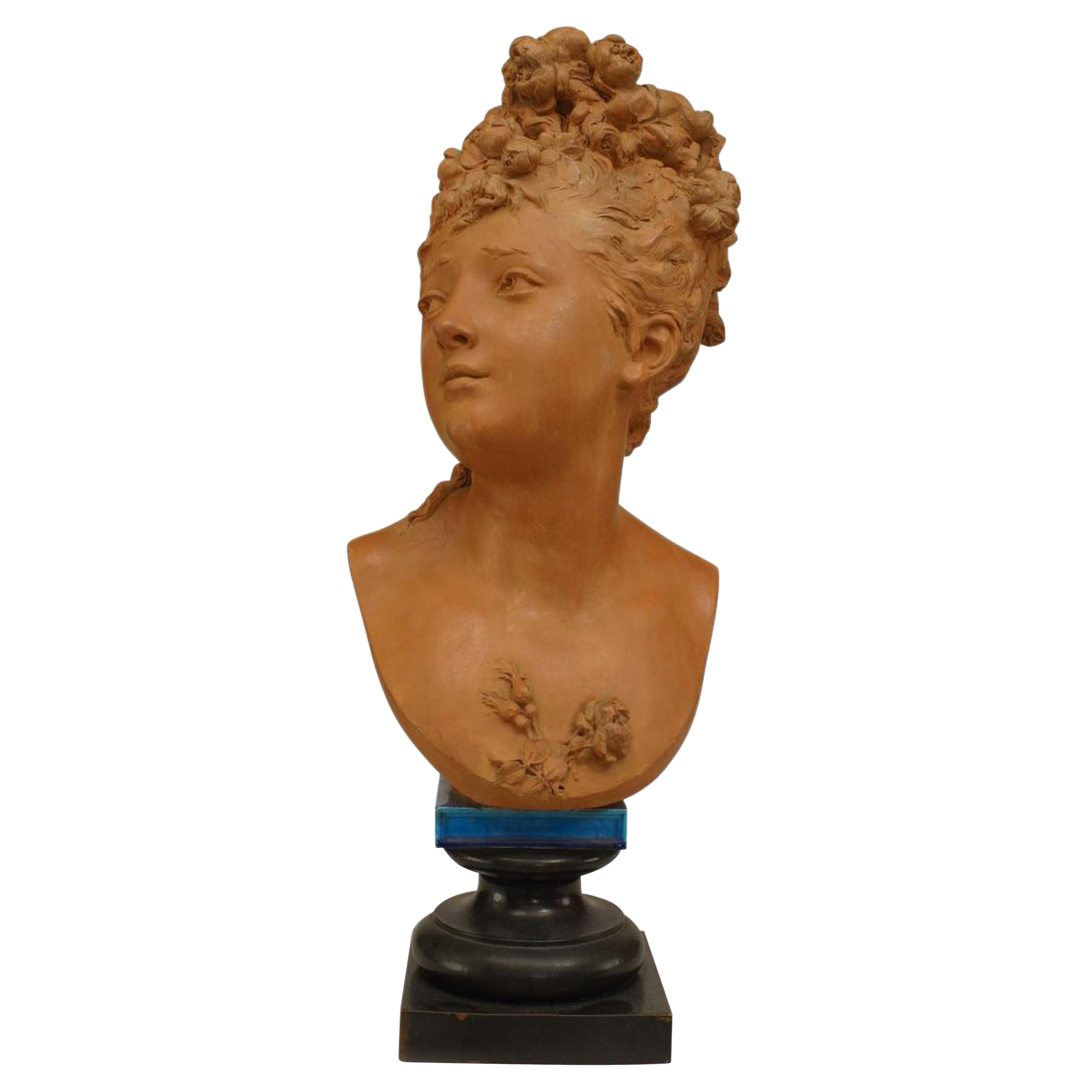 19th Century Victorian Terra Cotta Lady Bust Signed Belleuse For Sale