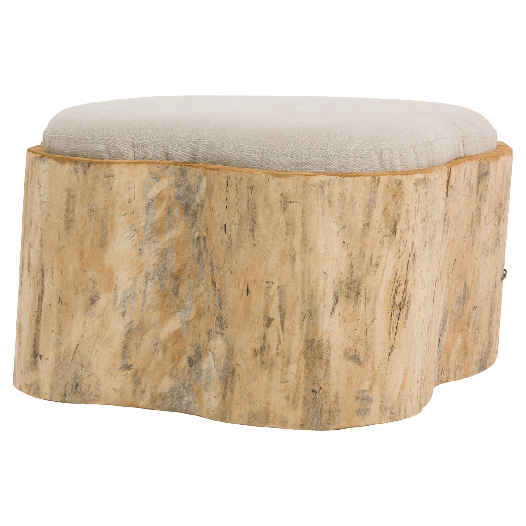 1800s Central European Tree-Stump Pouf with Upholstered Seat