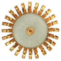 Sunburst Eyelash Crown Light Fixture in Gilt Iron and Pressed Glass