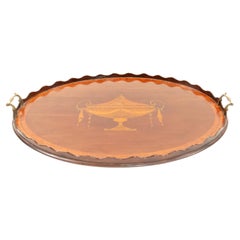 Antique Mahogany Marquetry Tray with Brass Handles