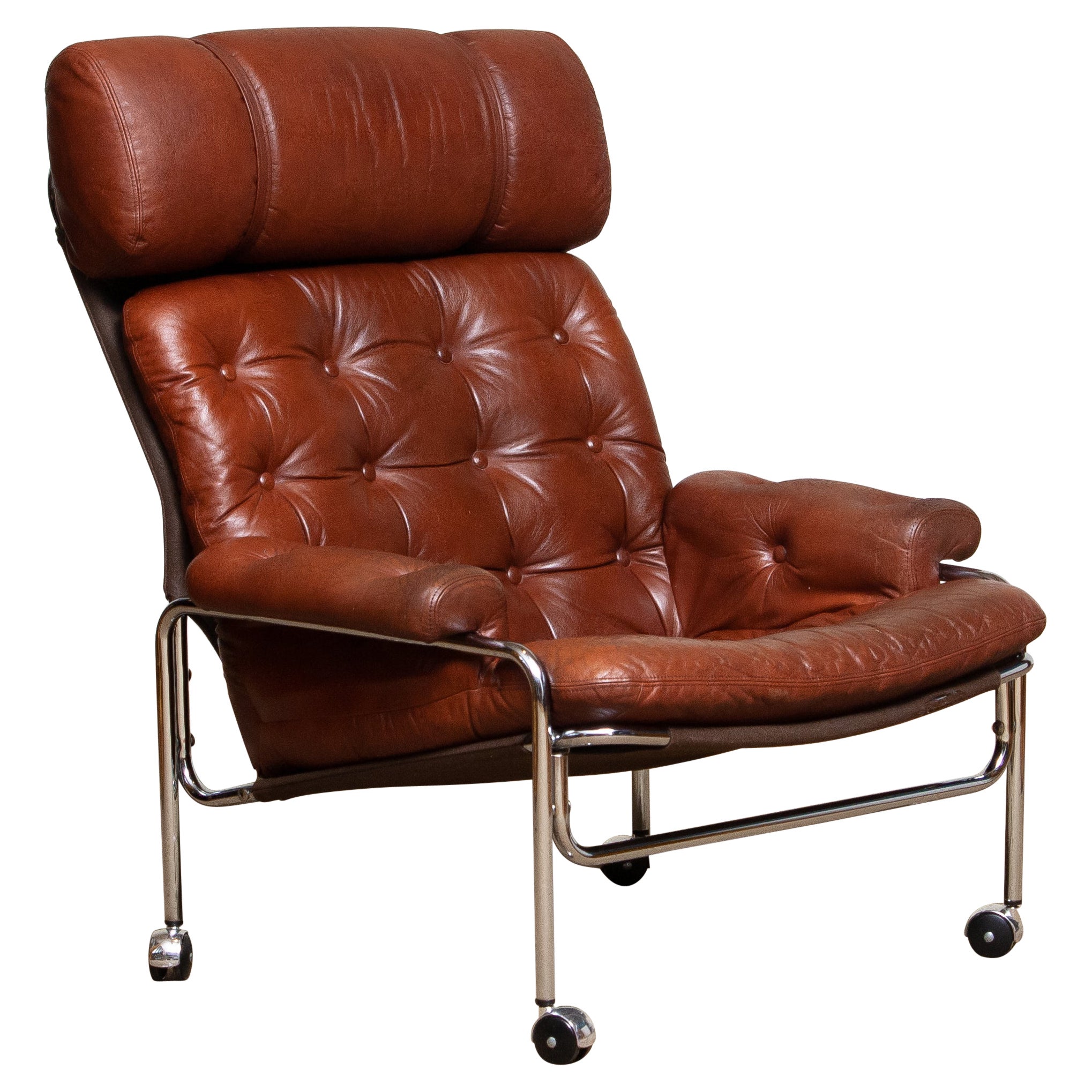 1960s Lounge Club Easy Chair in Chrome and Brown Cognac Leather by Lindlöfs 1 For Sale