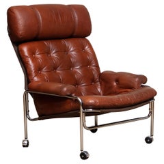 Retro 1960s Lounge Club Easy Chair in Chrome and Brown Cognac Leather by Lindlöfs 1