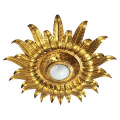 Vintage Sunburst Flower Light Fixture Flush Mount in Gilt Iron