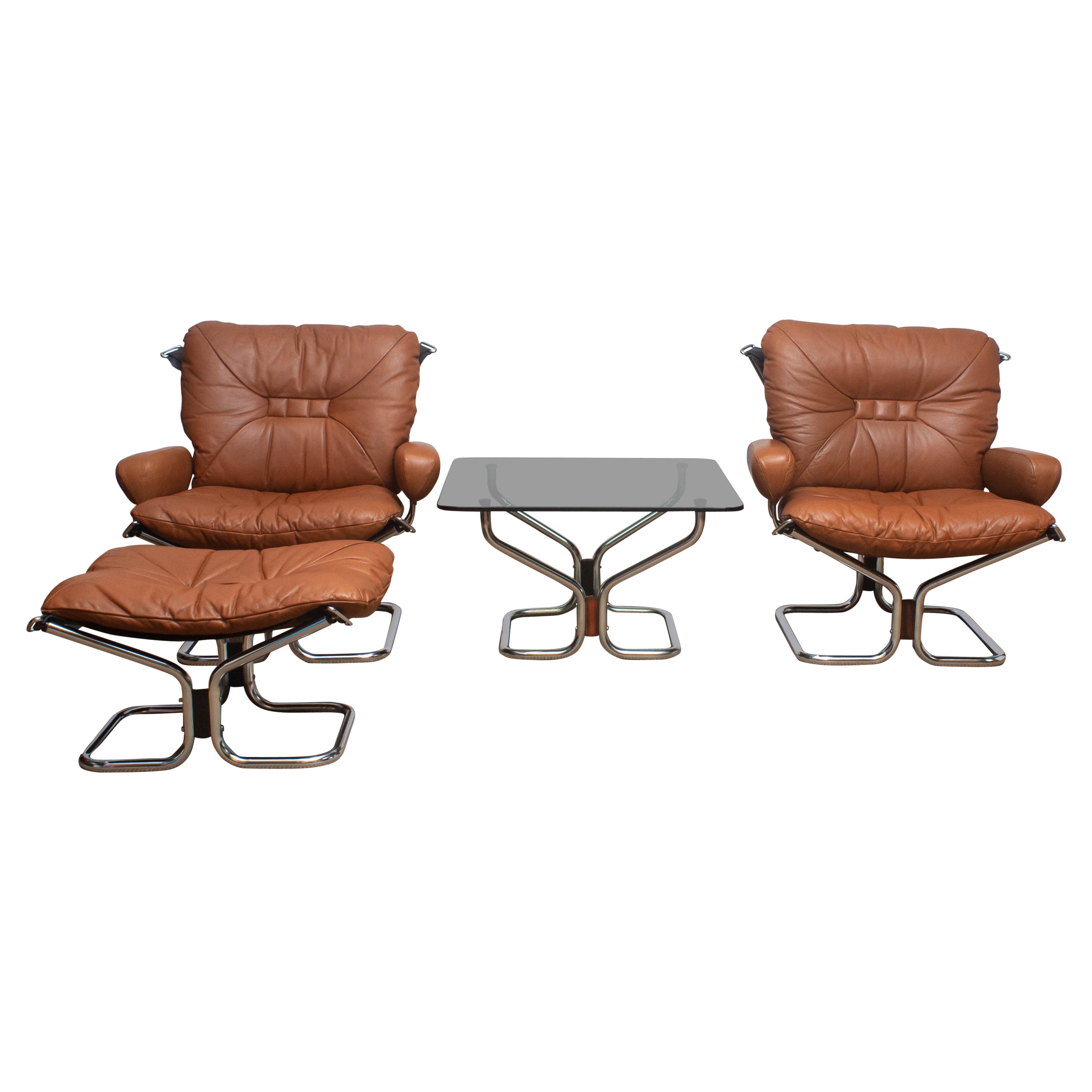 1970s Four Items Lounge Set Cognac Leather Steel by Harald Relling for Westnofa