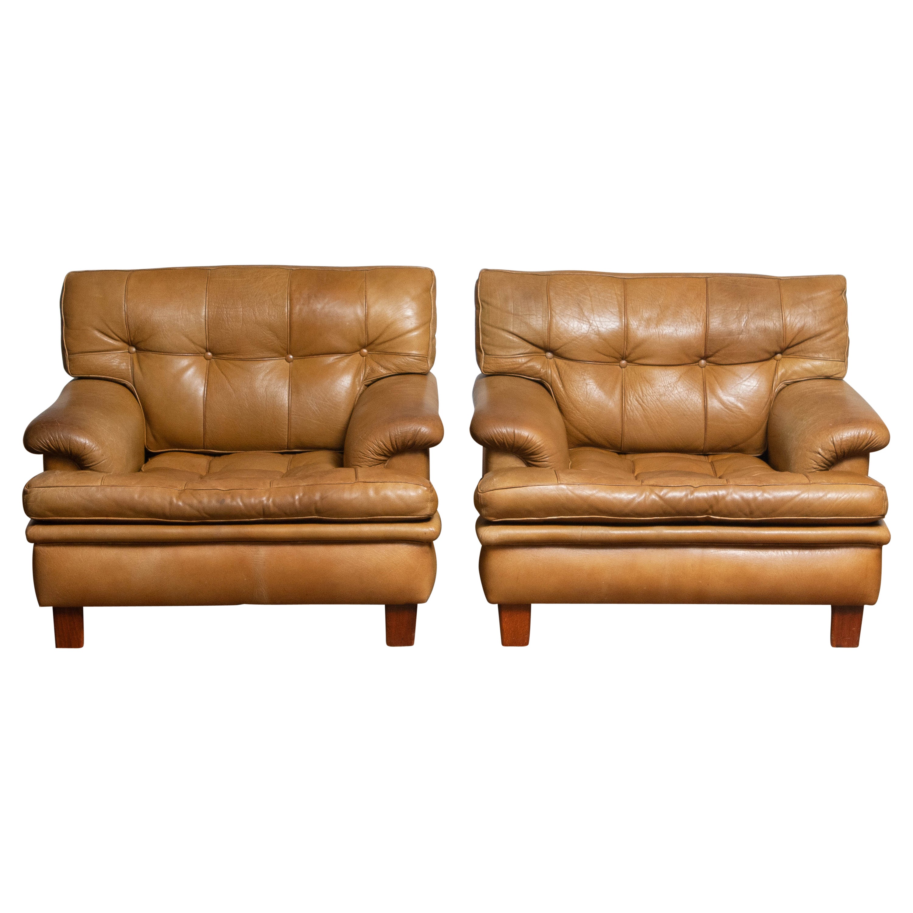 1960s Pair Quilted Camel Buffalo Leather "Merkur" Chairs by Arne Norell A.B.
