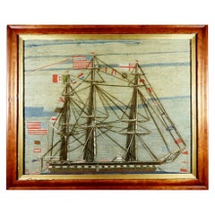 Antique American Sailor's Woolwork Woolie of American Battleship Fully Dressed