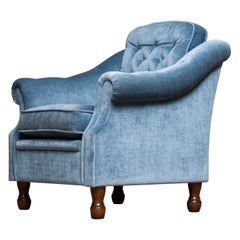 1970's Comfortable Hollywood Regency Lounge Chair with Ice Blue Velvet