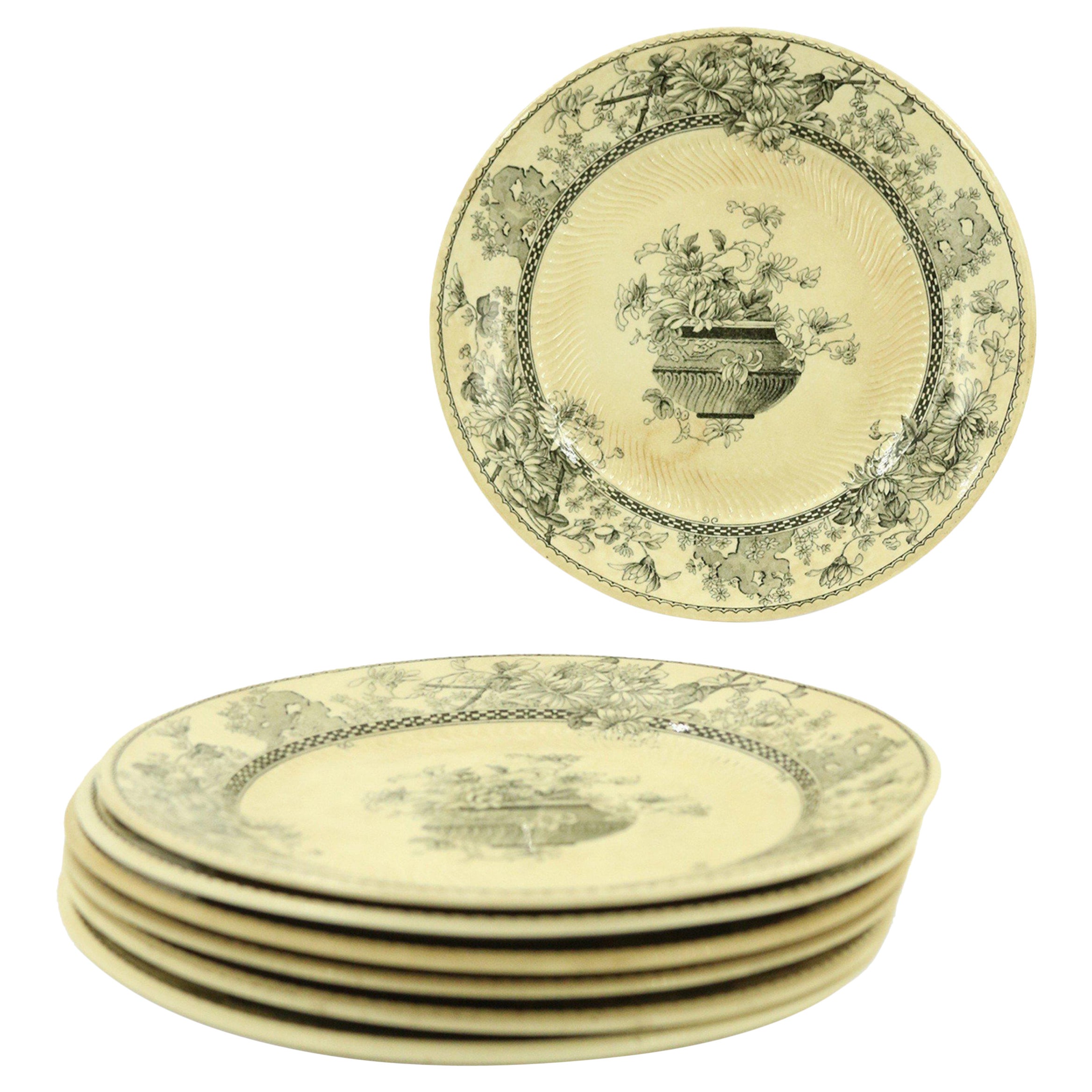 Set of 7 English Victorian Black and Cream Floral Transferware Plates For Sale