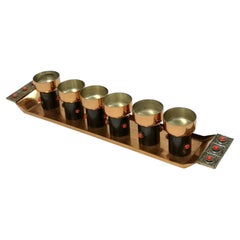 Set of Mid-Century Modern Hand Made Liqueur Glasses of Copper and Enamel, 1970's