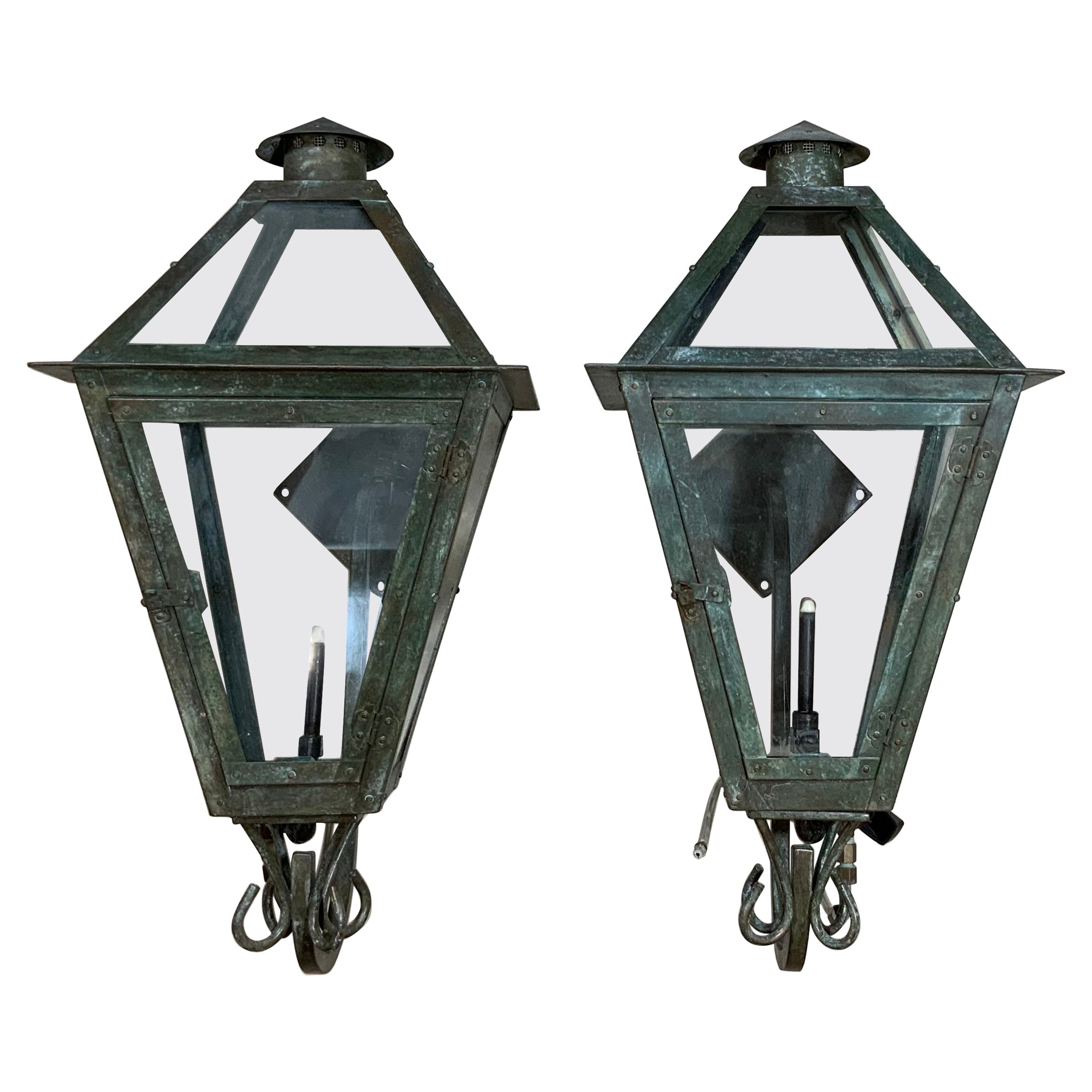 Pair of Gas Wall Hanging Copper Lantern