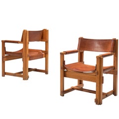 Joan Pou Pair of Spanish Armchairs in Pine and Cognac Leather