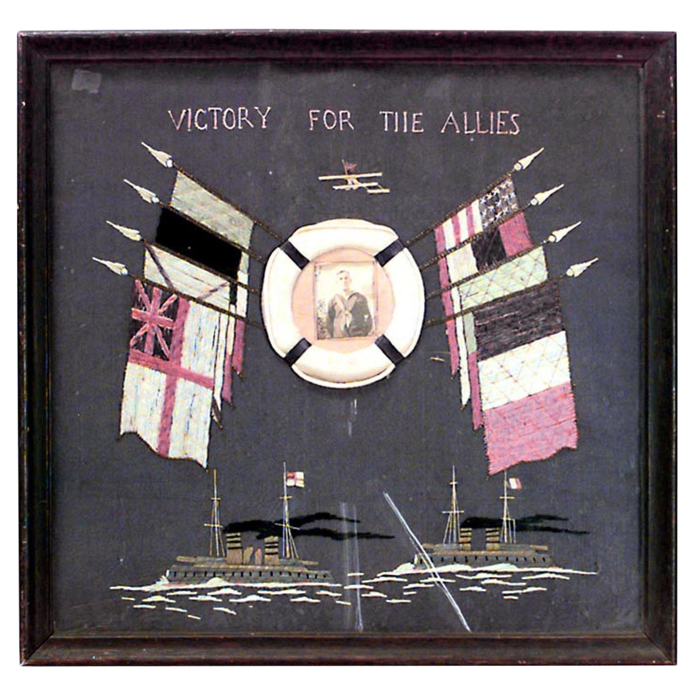 Drapeau encadré d'art populaire anglais du XXe siècle, broderie commémorative de la guerre navale