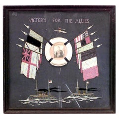 Antique 20th Century English Folk Art Framed Flag Naval War Memorial Embroidery