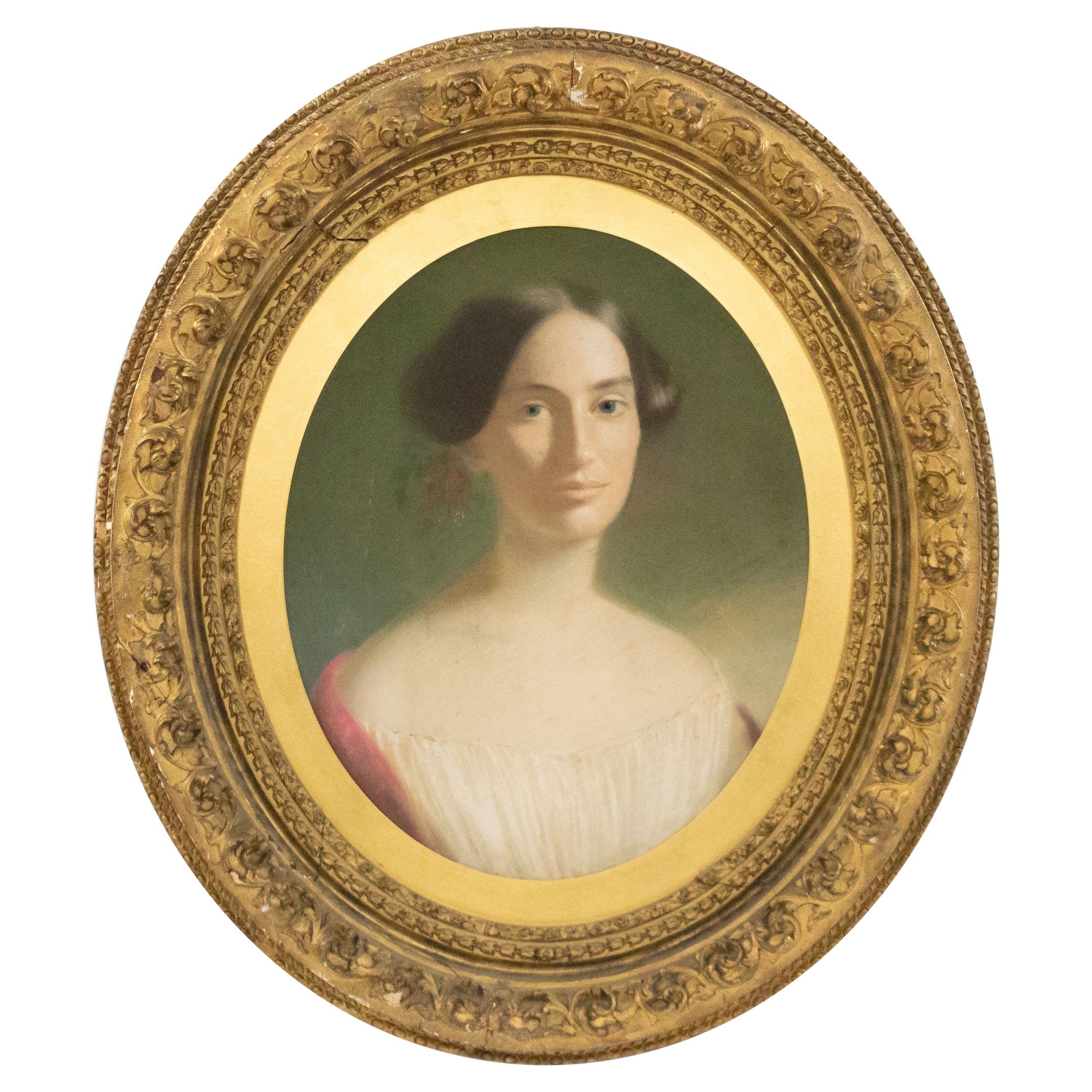 Portrait de femme victorienne américaine du 19ème siècle au pastel dans un cadre ovale