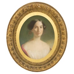 19th Century American Victorian Lady Pastel Portrait in an Oval Frame