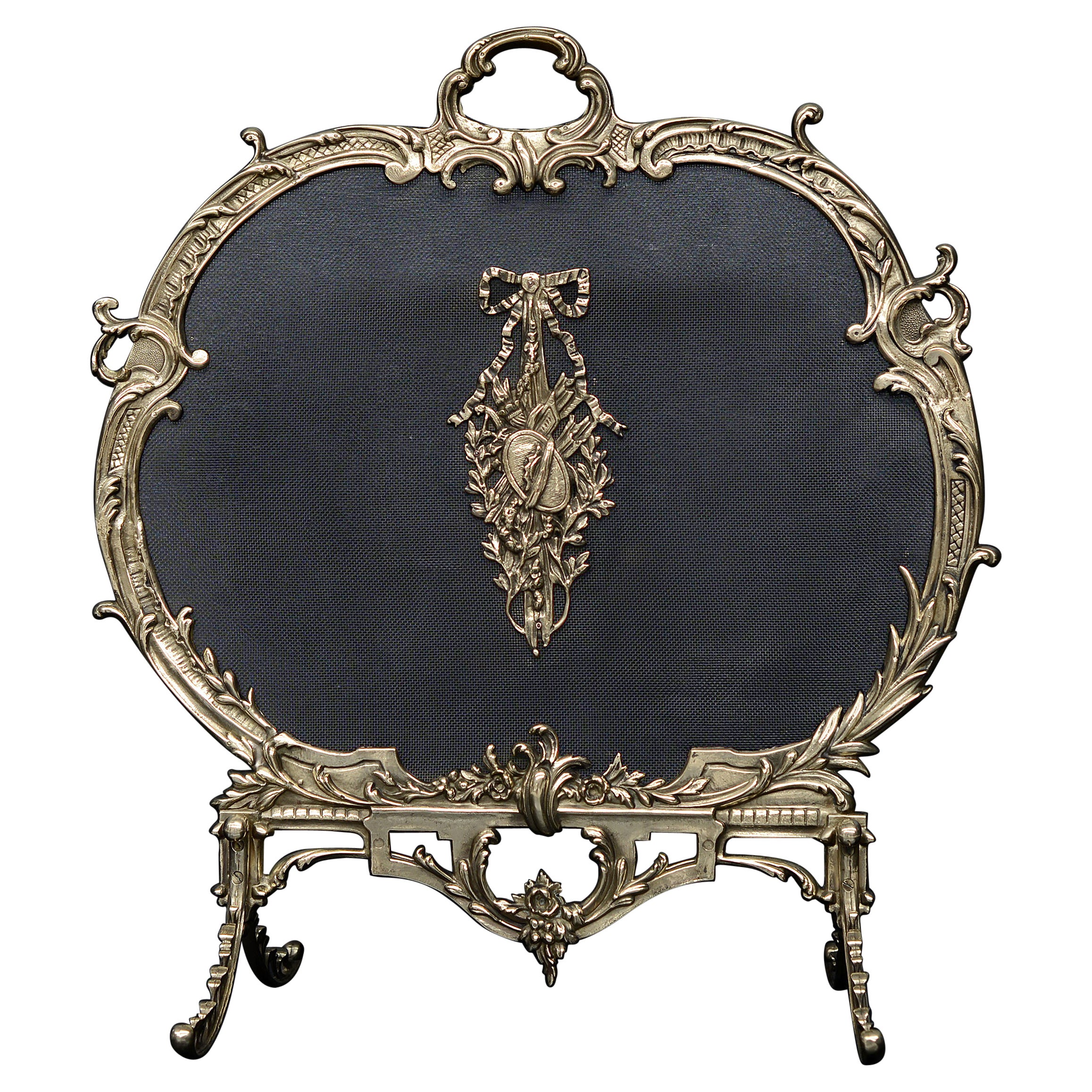 French Brass Firescreen with Decorative Rococo Frame & Legs For Sale
