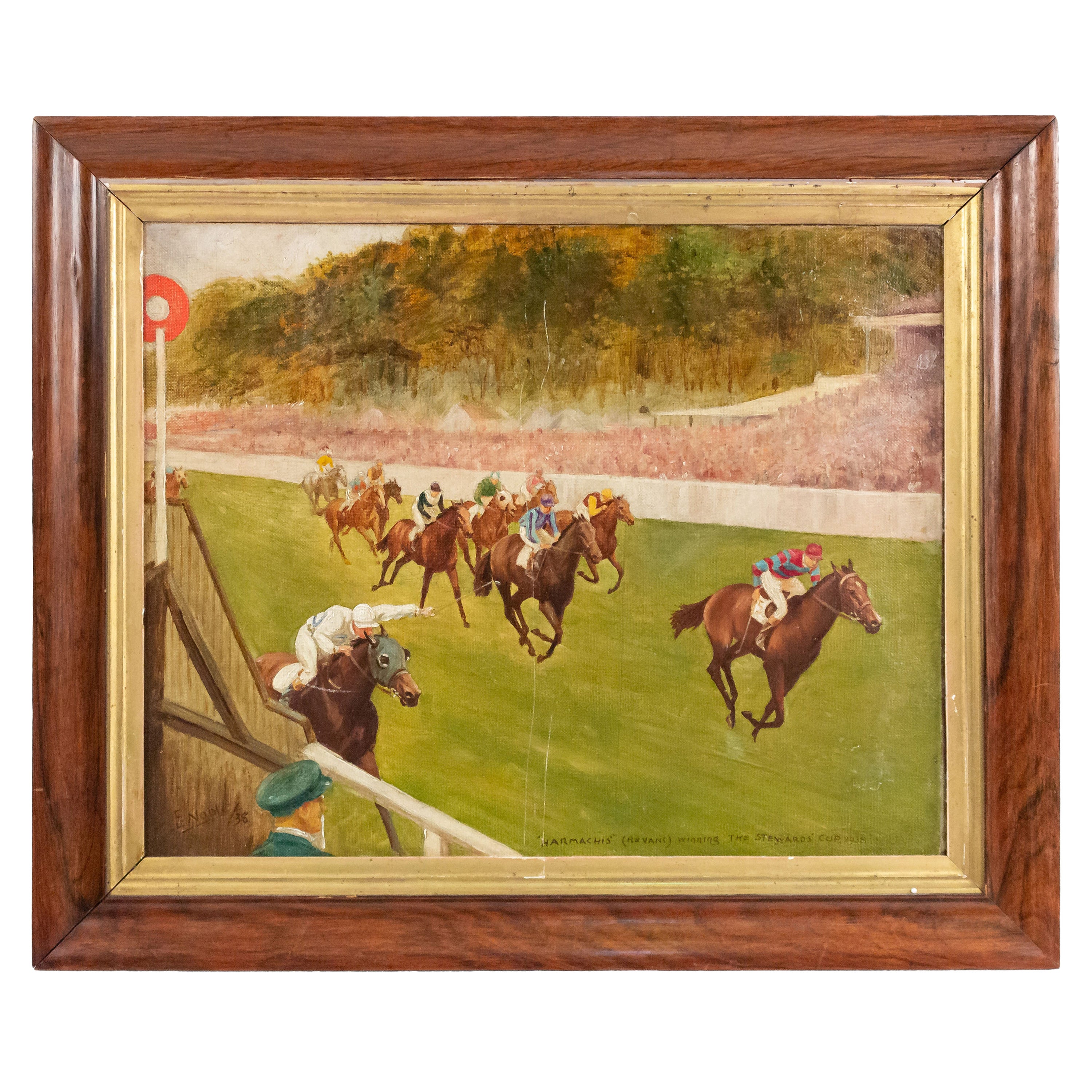 Pintura al óleo inglesa Art Moderne de una carrera de caballos en la Stewart's Cup