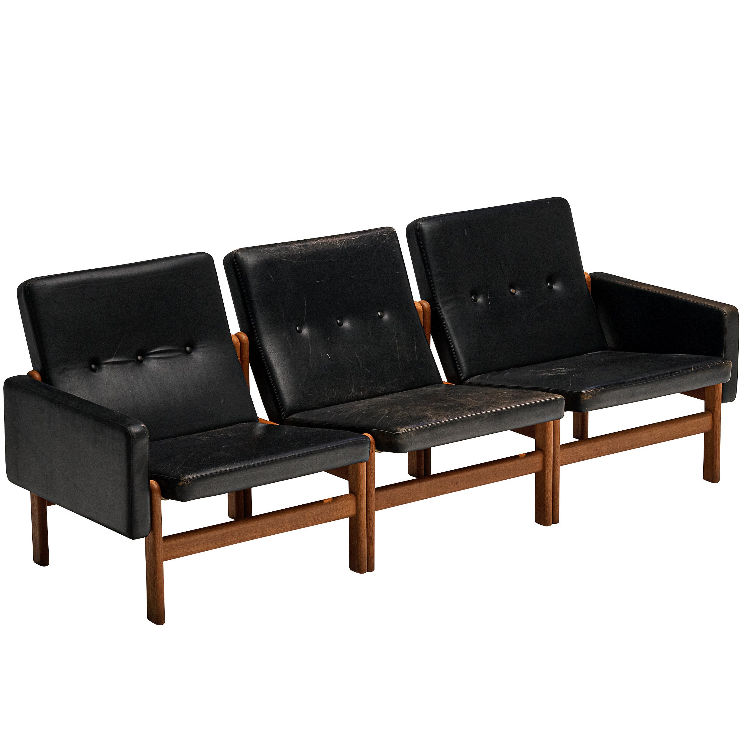 Jørgen Bækmark for FDB Møbler Three Seat Modular Sofa in Oak and Leather  For Sale at 1stDibs