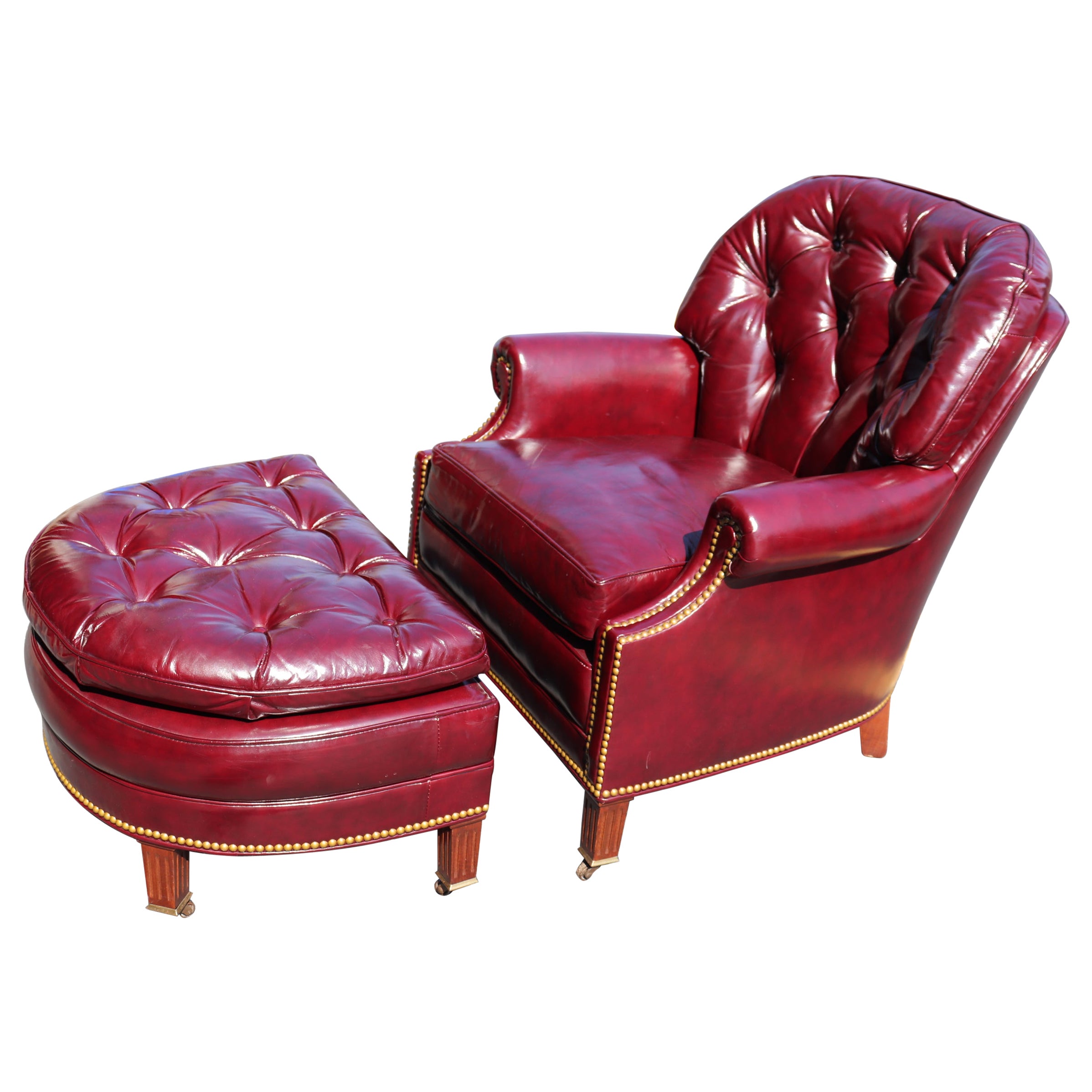 Genuine Leather Burgundy Hancock & Moore Chesterfield Club Chair and Ottoman