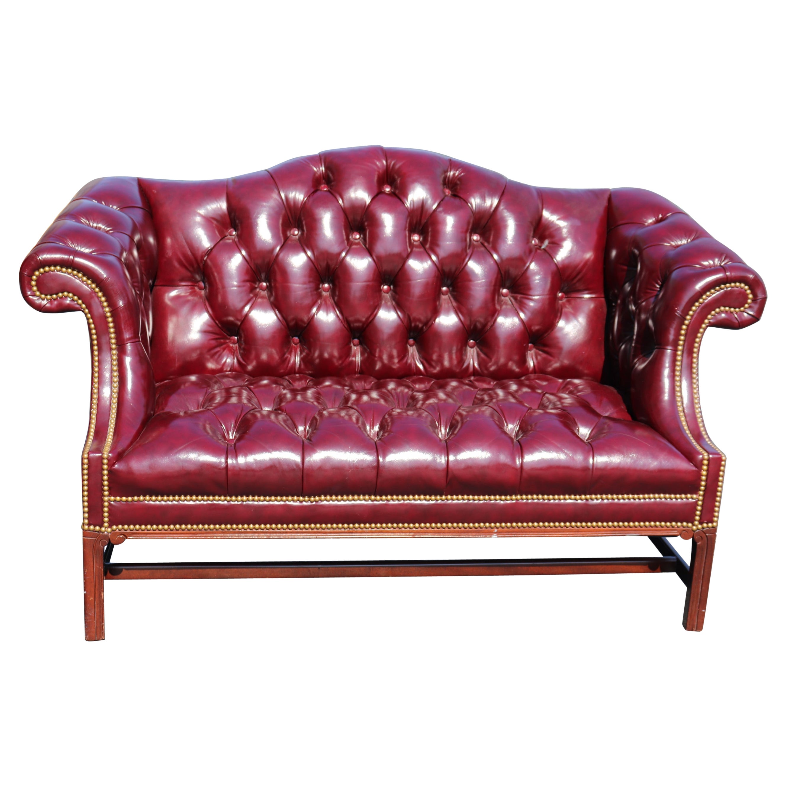 Leather Hancock & Moore Burgundy Chesterfield Style Camel back Settee Sofa