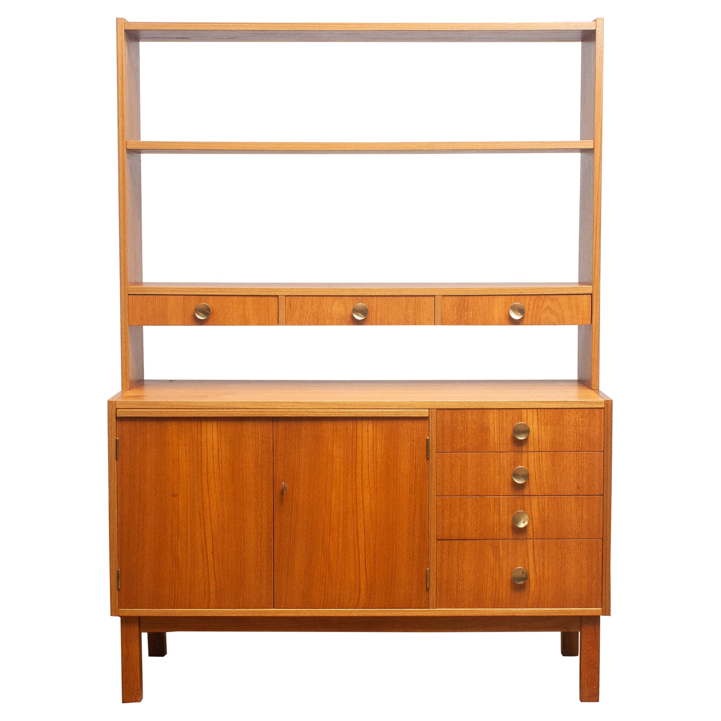 1950s Teak Veneer and Brass Bookshelves Cabinet with Writing Space from Sweden