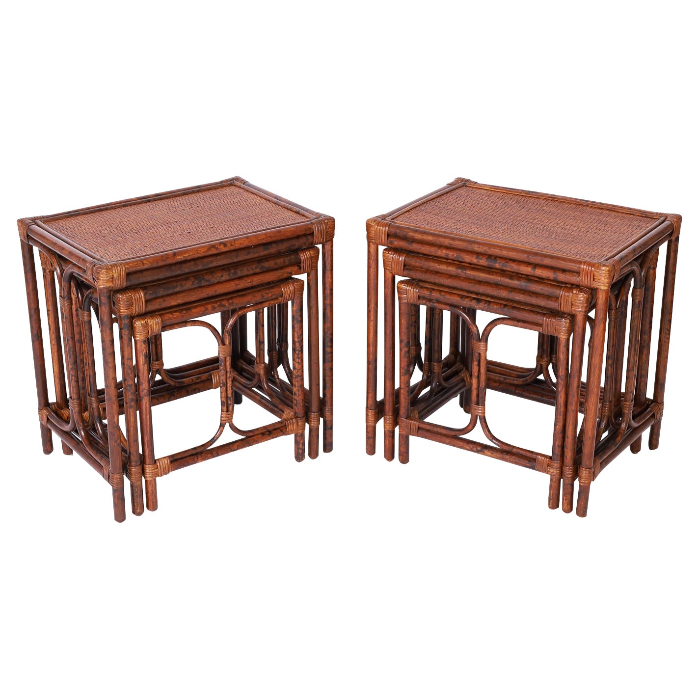 Pair of Mid-Century Faux Bamboo British Colonial Style Nests of Tables For Sale