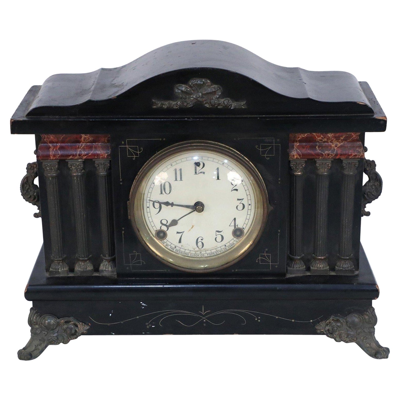 Sessions Clock Co. Pendule de cheminée américaine victorienne à colonne en bronze et boîtier en bois