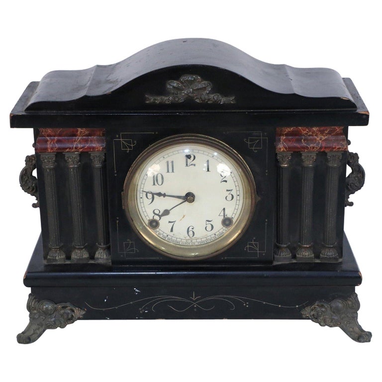 Sessions Clock Co. American Victorian Bronze Column Wooden Case Mantel